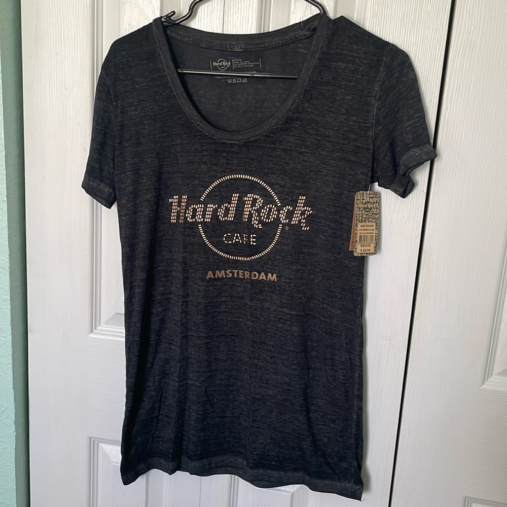 Hard Rock women’s sheer black scoop neck T-shirt. Size M. NWT
